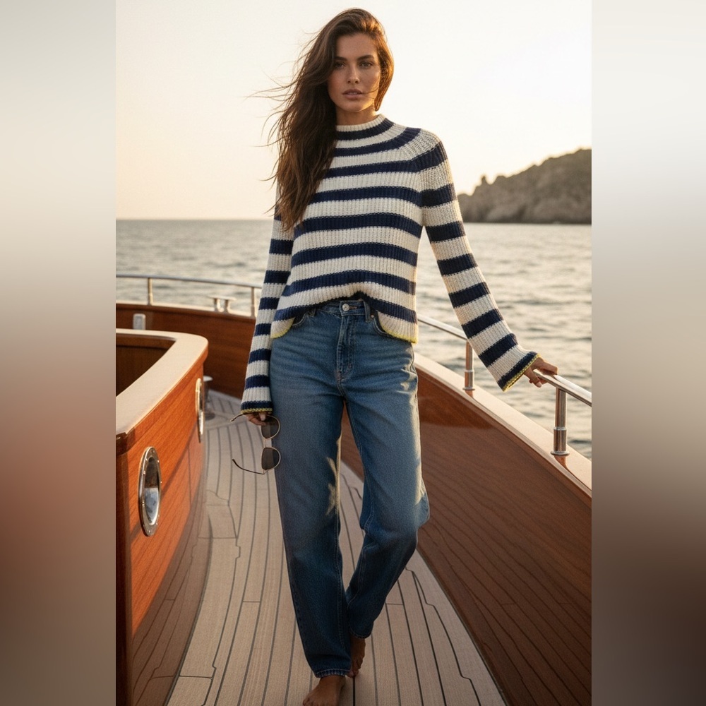 Maeve for Anthropologie Blue & Cream Stripe Cowl Neck Coastal Wool Blend Sweater